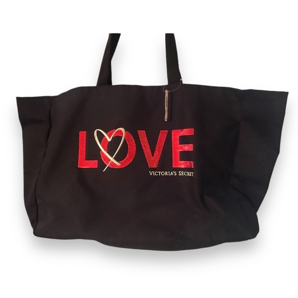 Victorias Secret Love Heart Sequin Beach Large‎ Tote Weekender Bag Black NWT - Picture 1 of 3